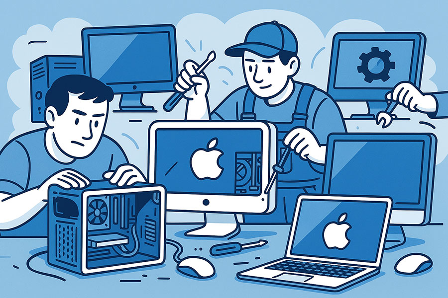 Cartoon technicians repairing Apple Macs, PCs, and laptops, representing computer repair services in Massapequa.