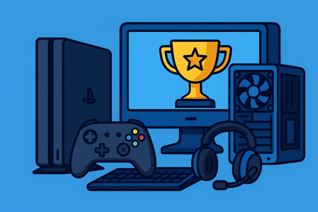 Cartoon illustration of a gaming console, controller, headset, and custom gaming PC setup, representing console and gaming PC repair services in Massapequa.