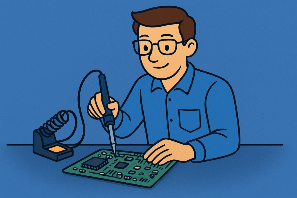Cartoon technician using a soldering iron on a circuit board, representing microsoldering and advanced board-level repair services in Massapequa
