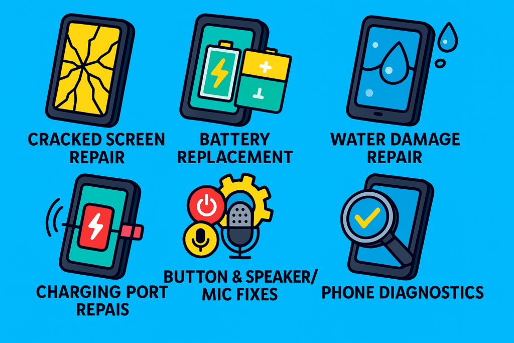Cartoon illustration showing common phone repairs including cracked screen repair, battery replacement, water damage repair, charging port repair, button and speaker/mic fixes, phone diagnostics, and backglass repair.